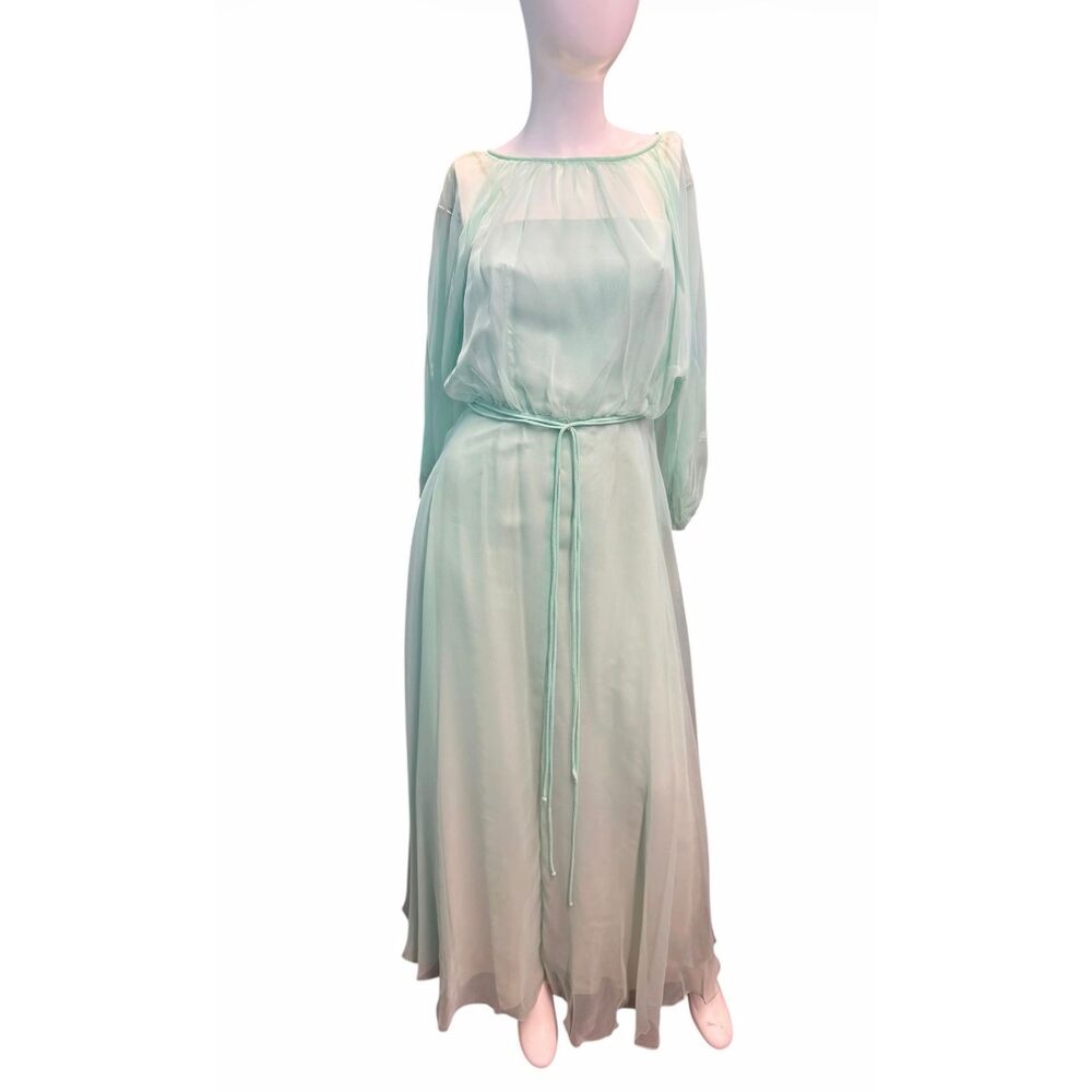 Vintage 70’s Sea Foam Green Blue Overlay Chiffon Goddess Gown Women’s Size XS Ma - Picture 1 of 14